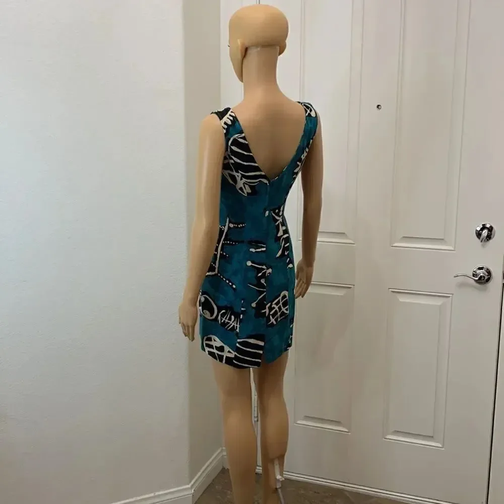 All That Jazz 5/6 Teal Black Fish Tropical Square Neck Sleeveless Mini Summer